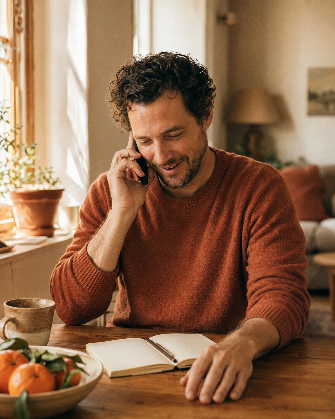 A client at home on a phone call, hearing positive news about a debt negotiation